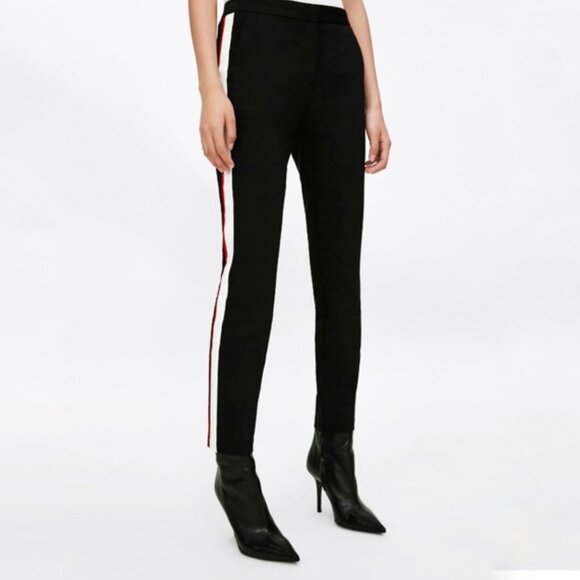 Zara Basic NAVY BLUE Trousers White/Red Stripe Womens Size Small - Picture 3 of 9
